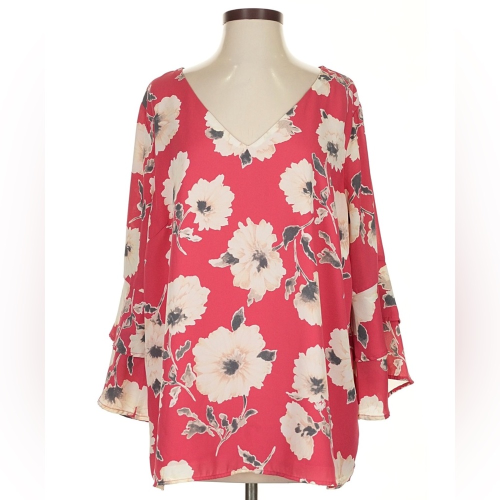 Skies Are Blue Floral V-Neck Blouse - Pink and Cream